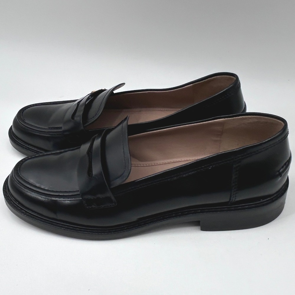 Sam Edelman Loraine Black Leather Penny Loafers Gold Logo Charm Womens Shoes - Picture 3 of 9